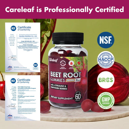 CareLeaf Sugar Free Vegan Beet Root Gummies for Blood Pressure – Peach Flavor, 60 Count