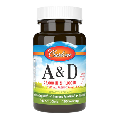 Carlson A & D Vitamin A & D - Vision & Skin Support, 100 Softgels | 25,000 IU A / 1,000 IU D3