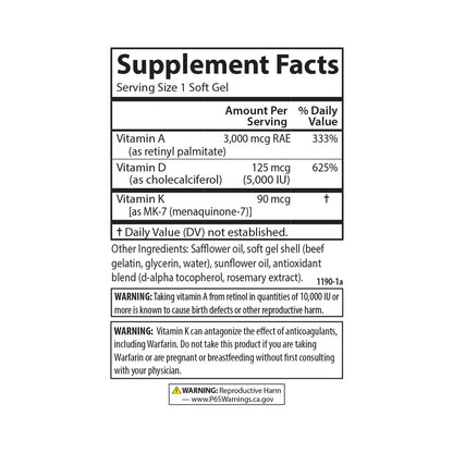 Carlson - Vitamins A, D3, K2, 60 Soft Gels | 3000 mcg RAE A, 125 mcg D3, 90 mcg K2 MK-7