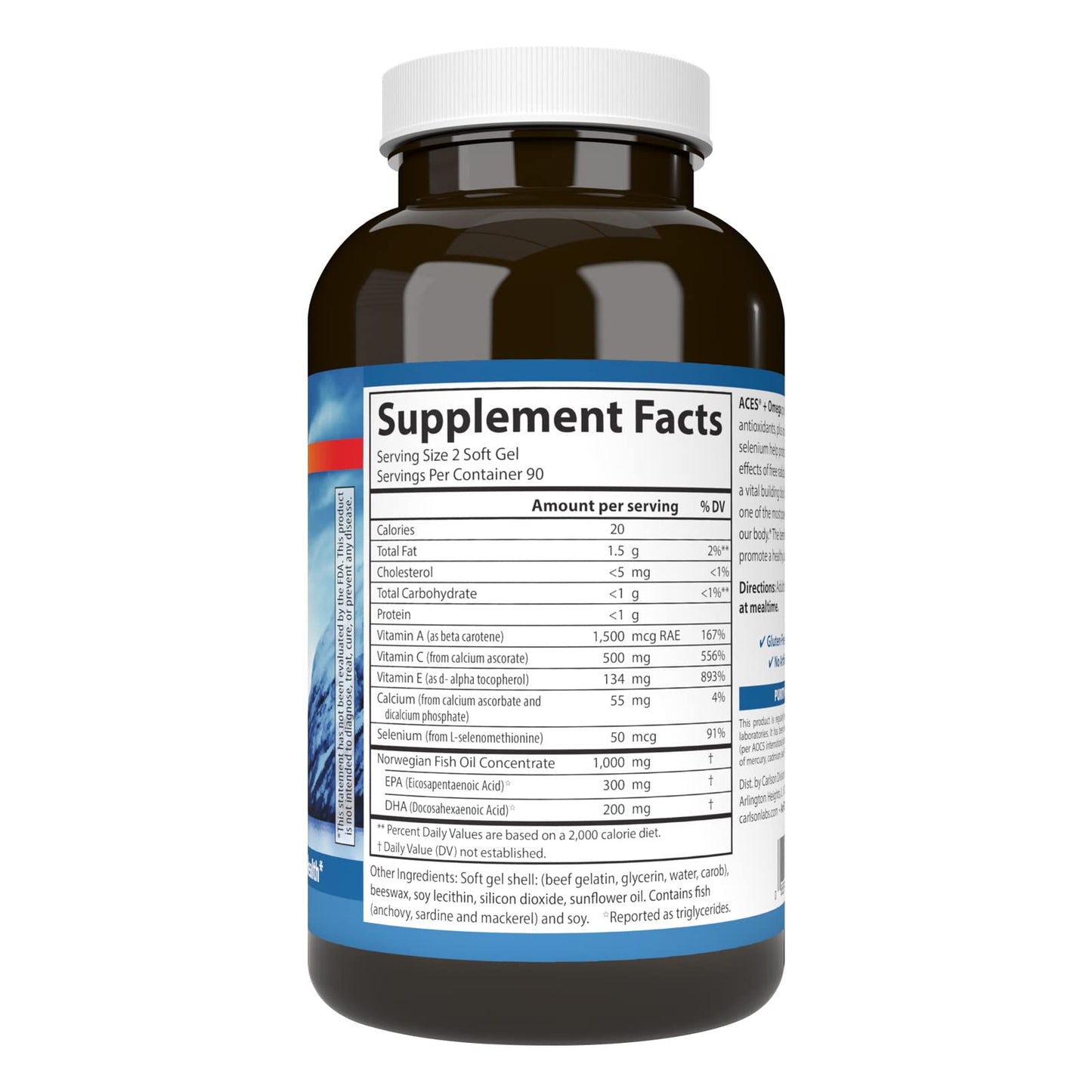 Carlson ACES + Omega – Vitamins A, C, E, Selenium & Omega-3s (EPA/DHA) – 180 Softgels