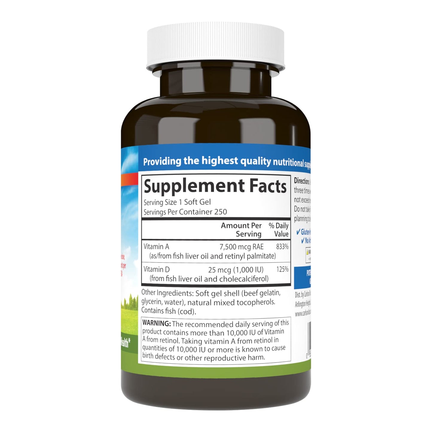 Carlson A&D Vitamin A & D Softgels – Vision & Skin Health | 25,000 IU / 1,000 IU | 250 Softgels