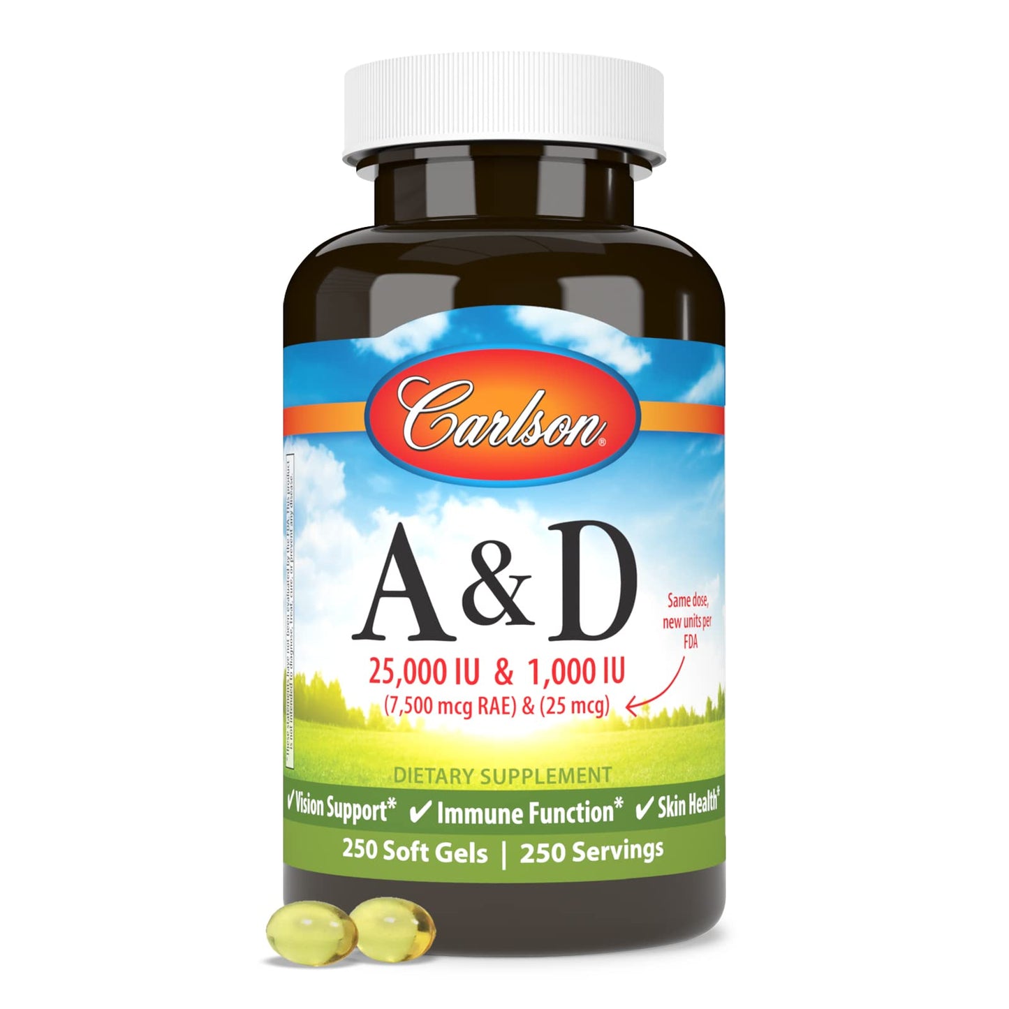 Carlson A&D Vitamin A & D Softgels – Vision & Skin Health | 25,000 IU / 1,000 IU | 250 Softgels