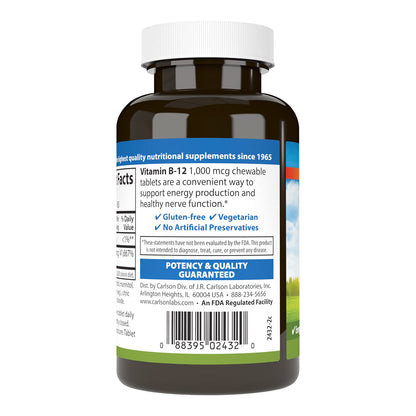 Carlson B-12 Chewable 1000 mcg - Energy, Nerve Function & Wellness - Lemon (180 tabs)