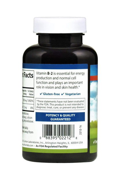Carlson B-2 100 mg Riboflavin - Energy & Vision Support - 250 Vegetarian Tablets