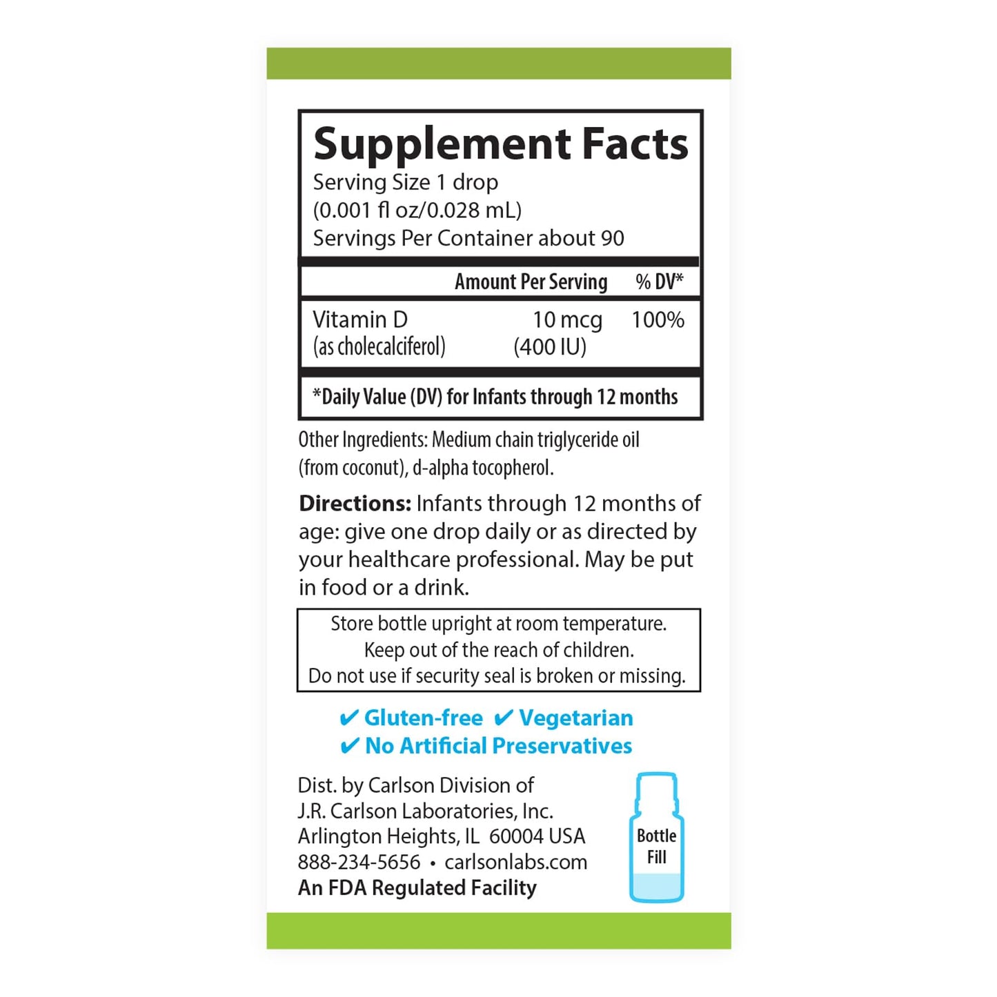Carlson Baby D3 Drops – 400 IU, Algae-Sourced, Vegetarian Vitamin D for Infants & Toddlers