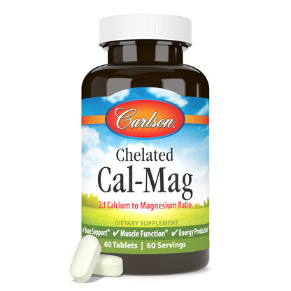 Carlson Chelated Cal-Mag 2:1 | Bone Support, Muscle Function & Energy | 60 Tablets (Pack of 2)