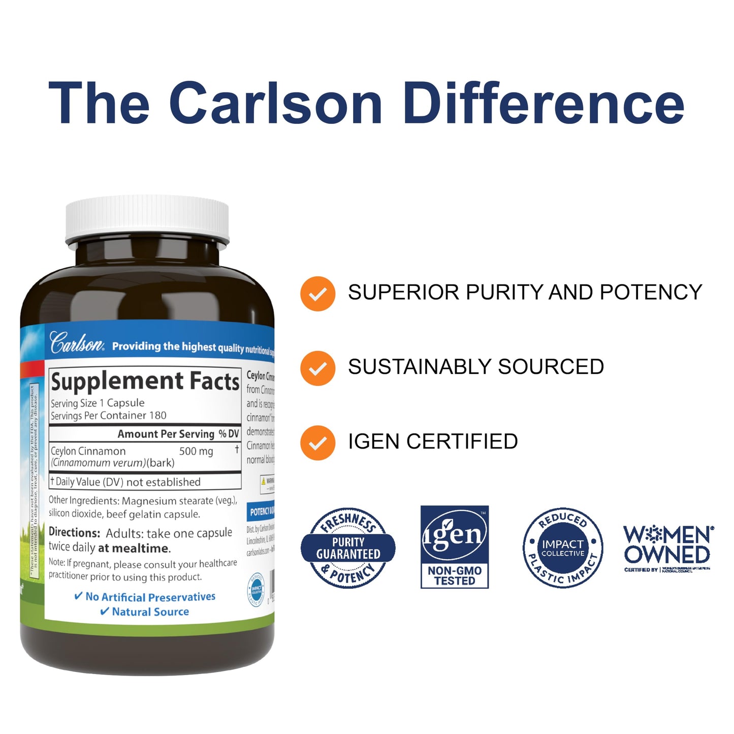 Carlson Ceylon Cinnamon Capsules - 500 mg, 180 ct | True Cinnamon Extract