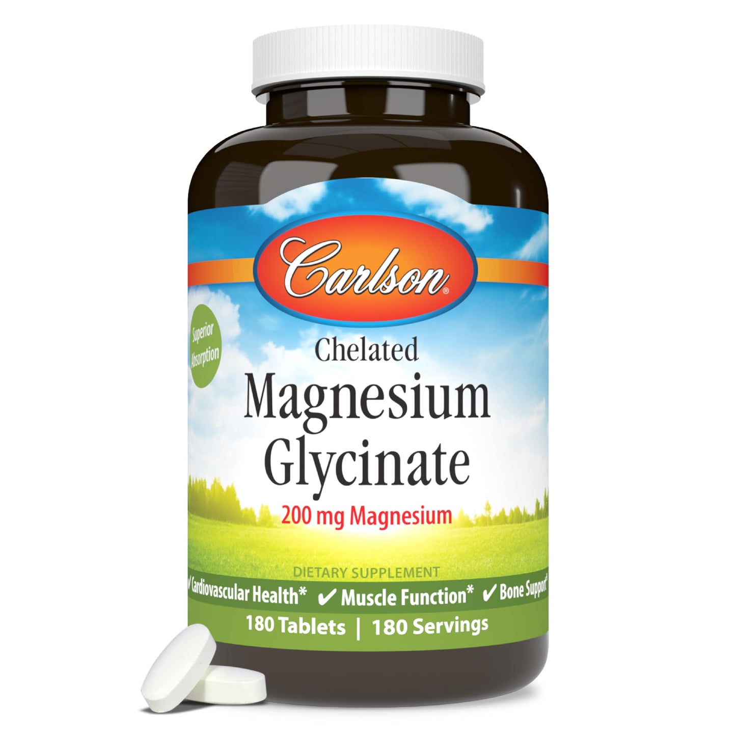 Carlson Chelated Magnesium 200mg – 180 Tablets | Magnesium Glycinate Chelate Supplement