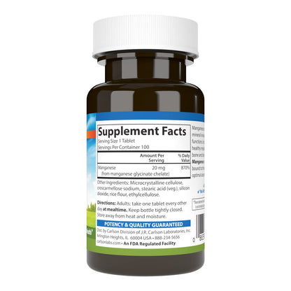 Carlson Chelated Manganese 20 mg | Superior Absorption | 100 Tablets (Pack of 2)