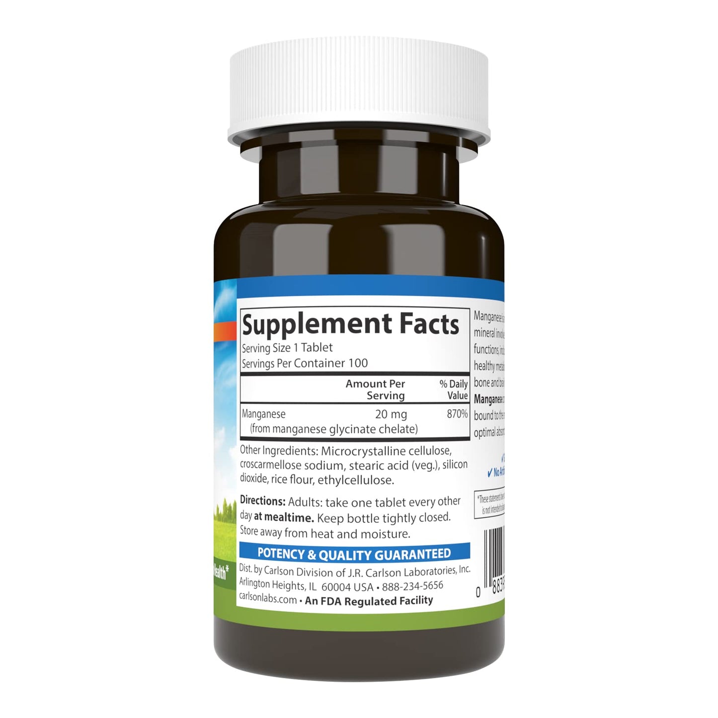 Carlson Chelated Manganese 20 mg – Superior Absorption, Bone & Brain Health | 100 Tablets