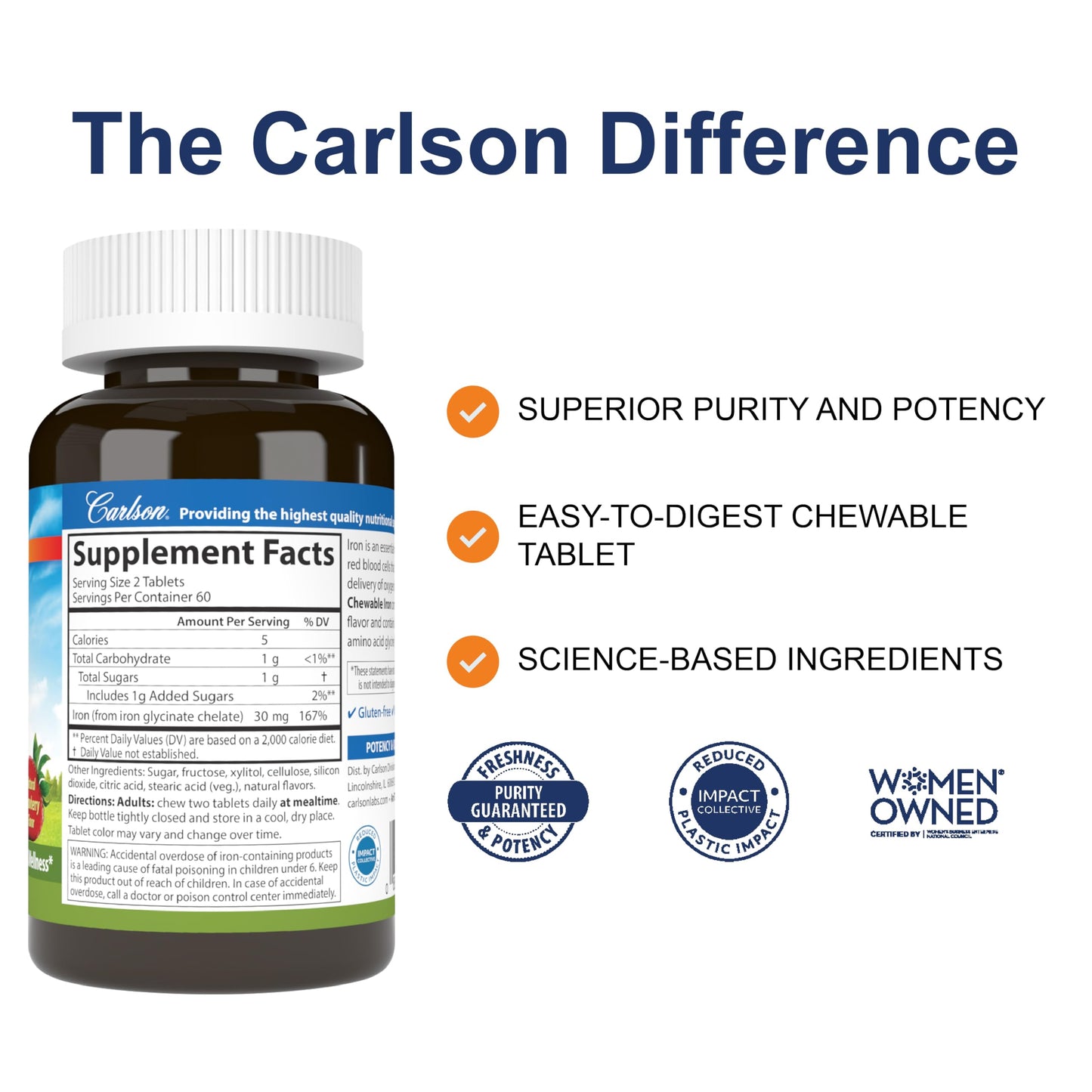 Carlson Chewable Iron 30 mg – Superior Absorption, Blood Health & Energy | Strawberry Flavor | Pack of 2 (240 Tablets)