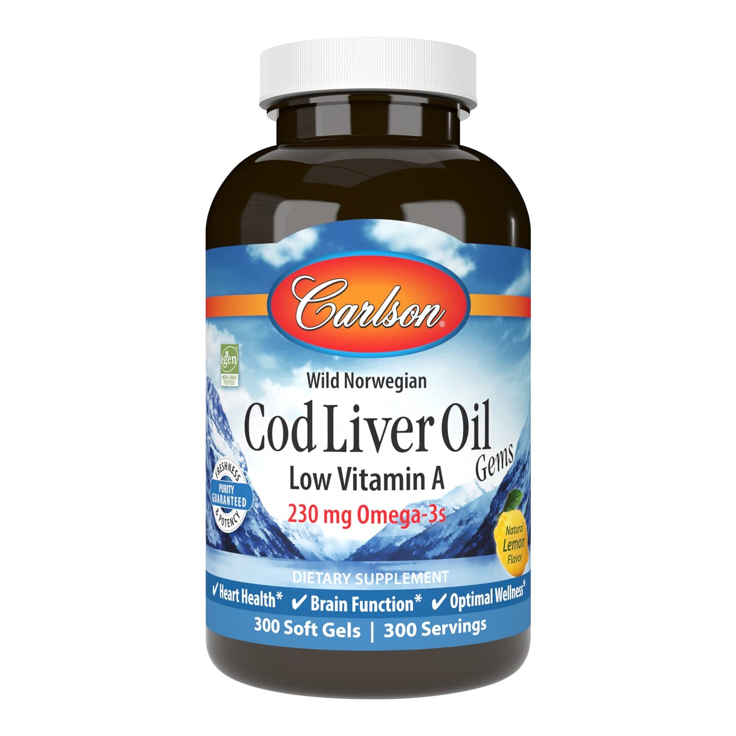 Carlson Cod Liver Oil Gems - Low Vitamin A, 230 mg Omega-3s, Wild-Caught Norwegian, 300 Softgels