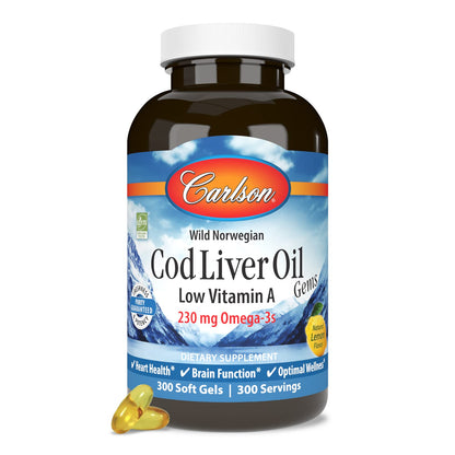 Carlson Cod Liver Oil Gems - Low Vitamin A, 230 mg Omega-3s, Wild-Caught Norwegian, 300 Softgels