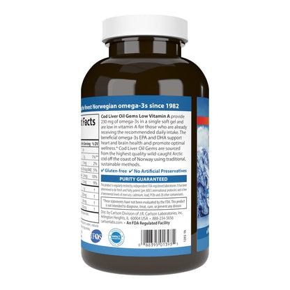 Carlson Cod Liver Oil Gems - Low Vitamin A, 230 mg Omega-3s, Wild-Caught Norwegian, 300 Softgels
