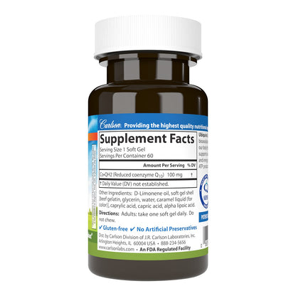 Carlson Co-QH2 Ubiquinol 100 mg | Energy, Heart Health & Antioxidant Support | 60 Softgels