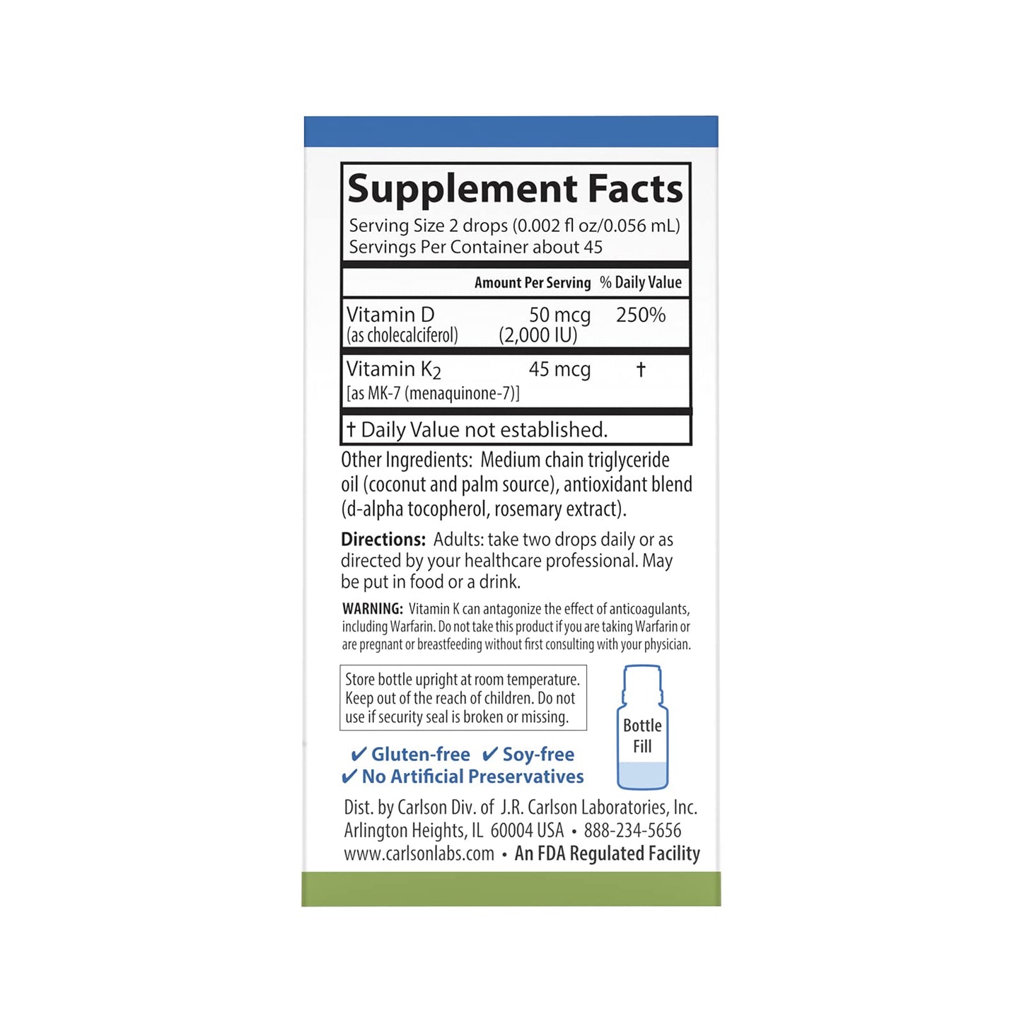 Carlson Super Daily D3 + K2 | 50 mcg D3, 45 mcg MK-7 | 90 Drops