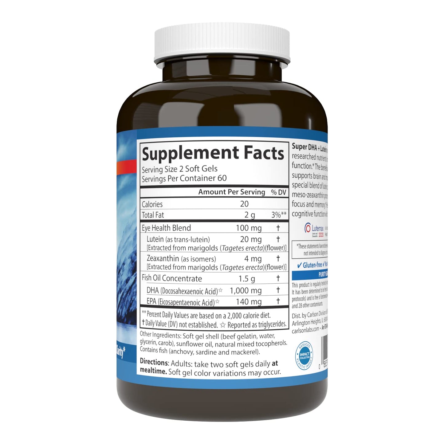 Carlson Super DHA Plus Lutein – 1000 mg DHA + 20 mg Lutein, 120 Softgels