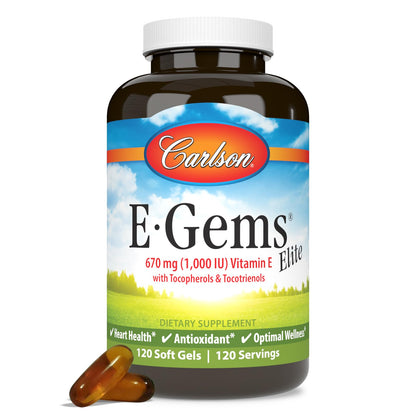 Carlson E-Gems Elite 1000 IU Vitamin E — Heart Health, Tocopherols & Tocotrienols, 120 Soft Gels