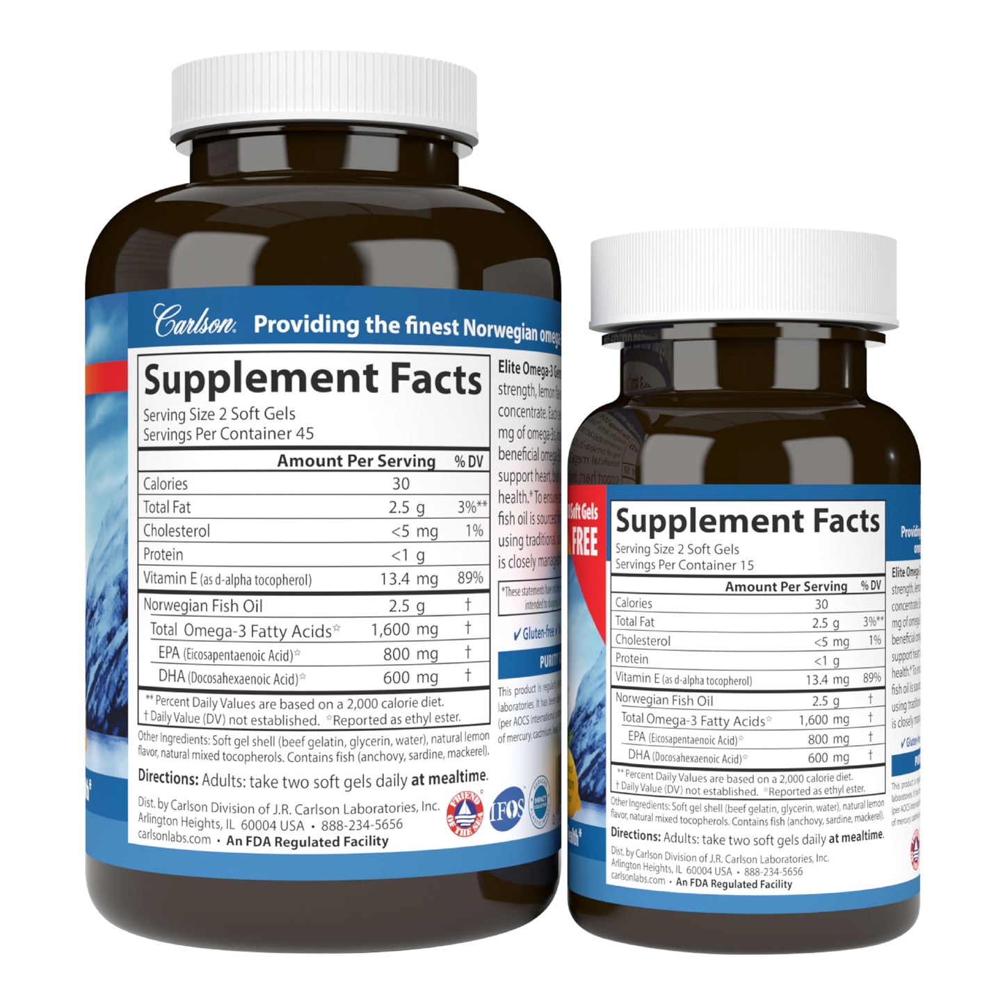 Carlson Elite Omega-3 Gems — 1600 mg EPA/DHA, Wild-Caught Norwegian Fish Oil, Lemon Flavor, 90+30 Softgels