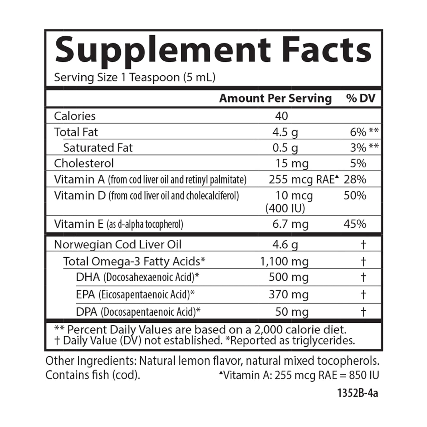 Carlson Cod Liver Oil 1100 mg Omega-3s + Vitamins A & D3 — Wild-Caught Nordic Arctic, Lemon, 500 mL