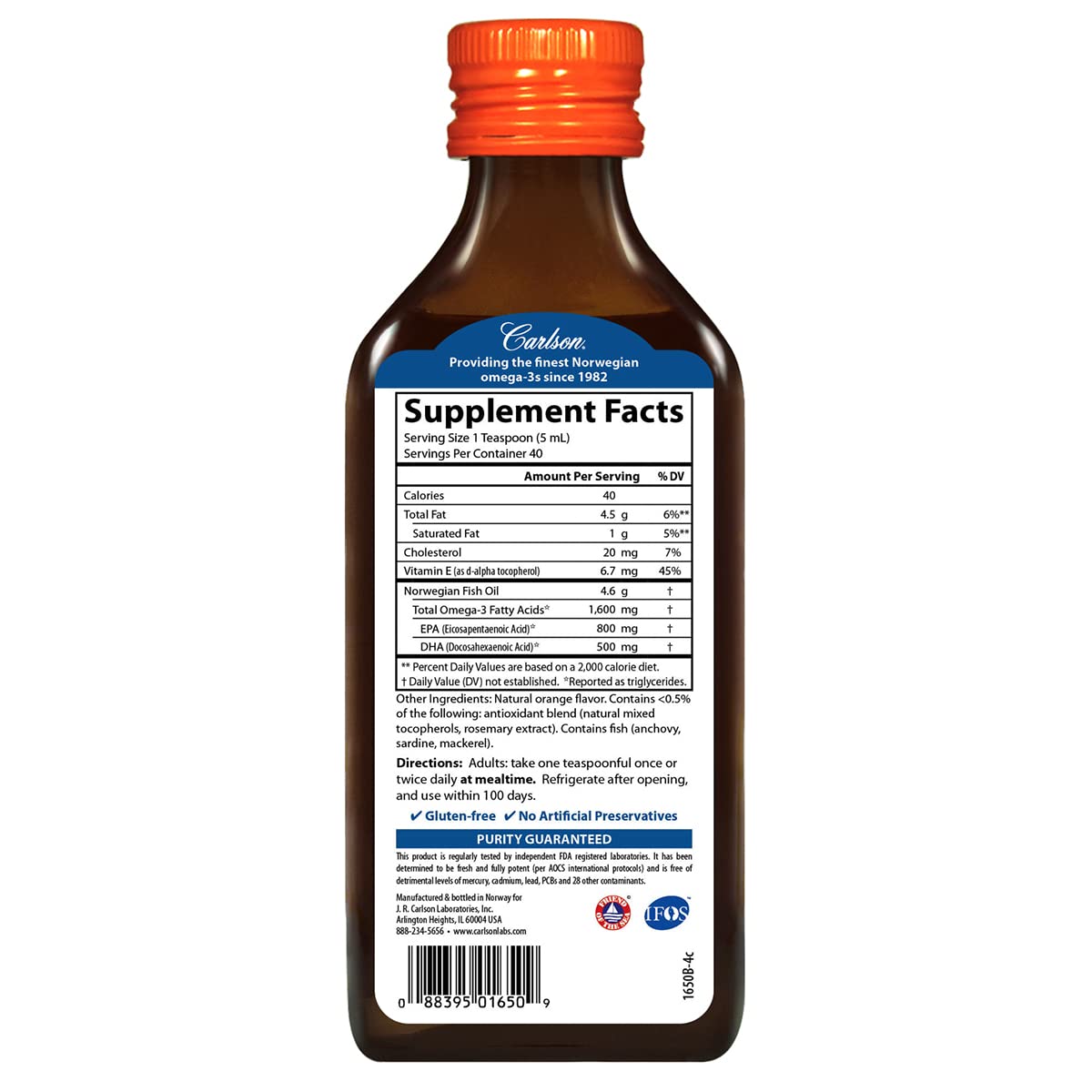 Carlson - The Very Finest Fish Oil, 1600 mg Omega-3, Orange, 6.7 Fl Oz