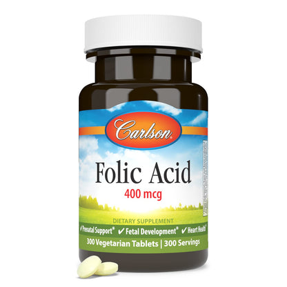 Carlson Folic Acid 400 mcg | Prenatal Support & Fetal Development | 300 Tablets (Pack of 2)