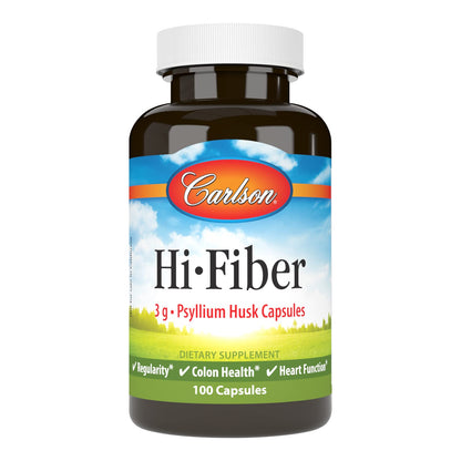 Carlson Hi-Fiber Psyllium Husk Capsules 3 g – Regularity, Colon Health & Heart Function | 100 Capsules