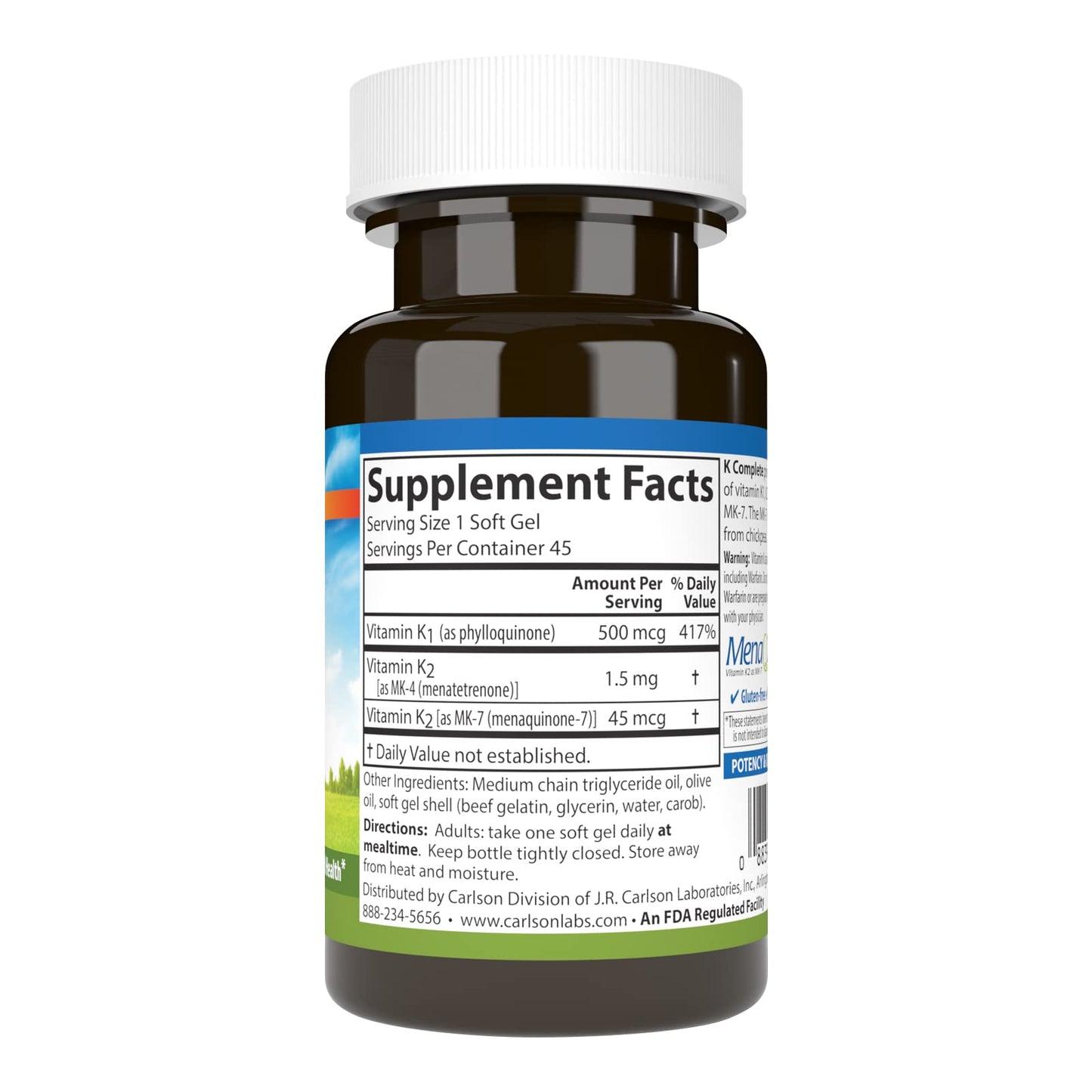 Carlson K Complete – K1 & K2 MK-4 MK-7 for Bone & Cardiovascular Health | 45 Softgels