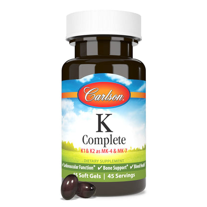 Carlson K Complete – K1 & K2 MK-4 MK-7 for Bone & Cardiovascular Health | 45 Softgels