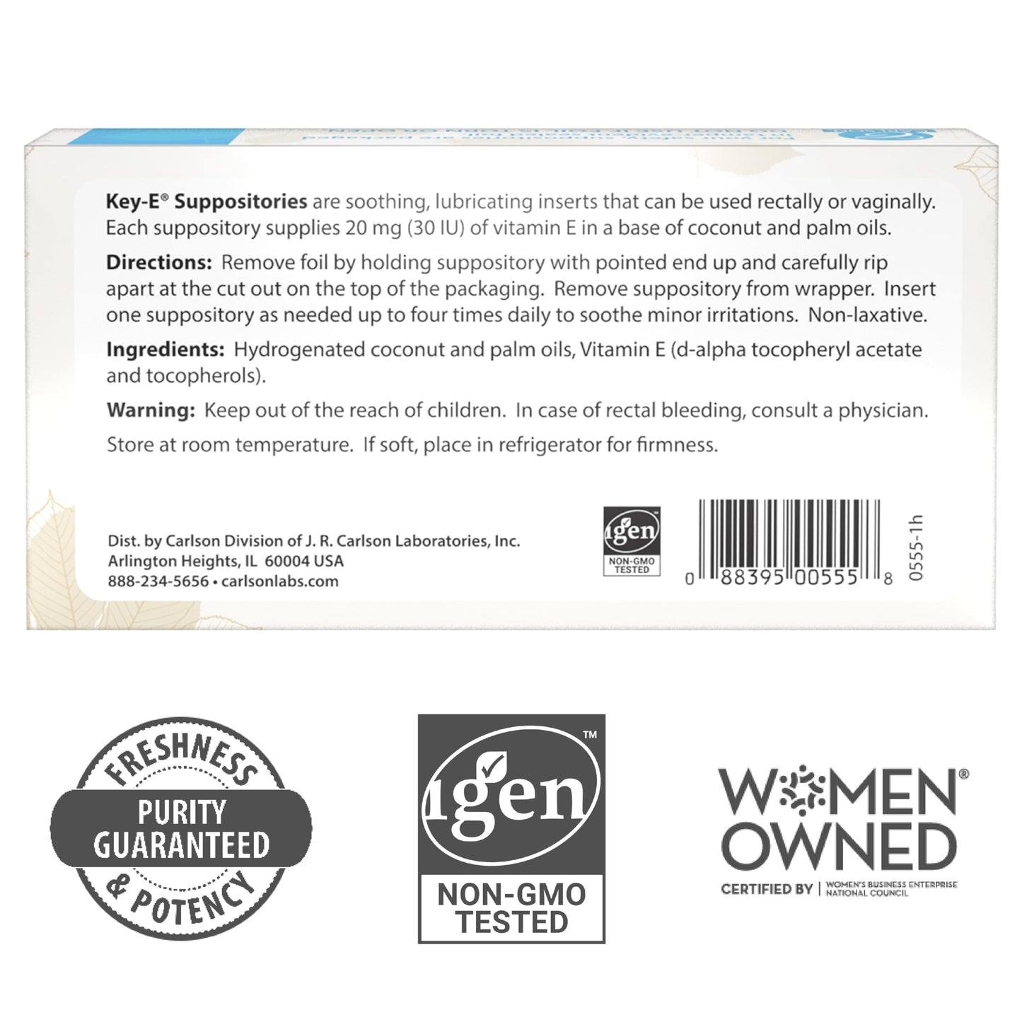 Carlson Key-E Suppositories - 30 IU Vitamin E, Moisturizing Vaginal & Rectal Use, 12 Count
