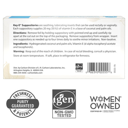 Carlson Key-E Suppositories - 30 IU Vitamin E, Moisturizing Vaginal & Rectal Use, 12 Count
