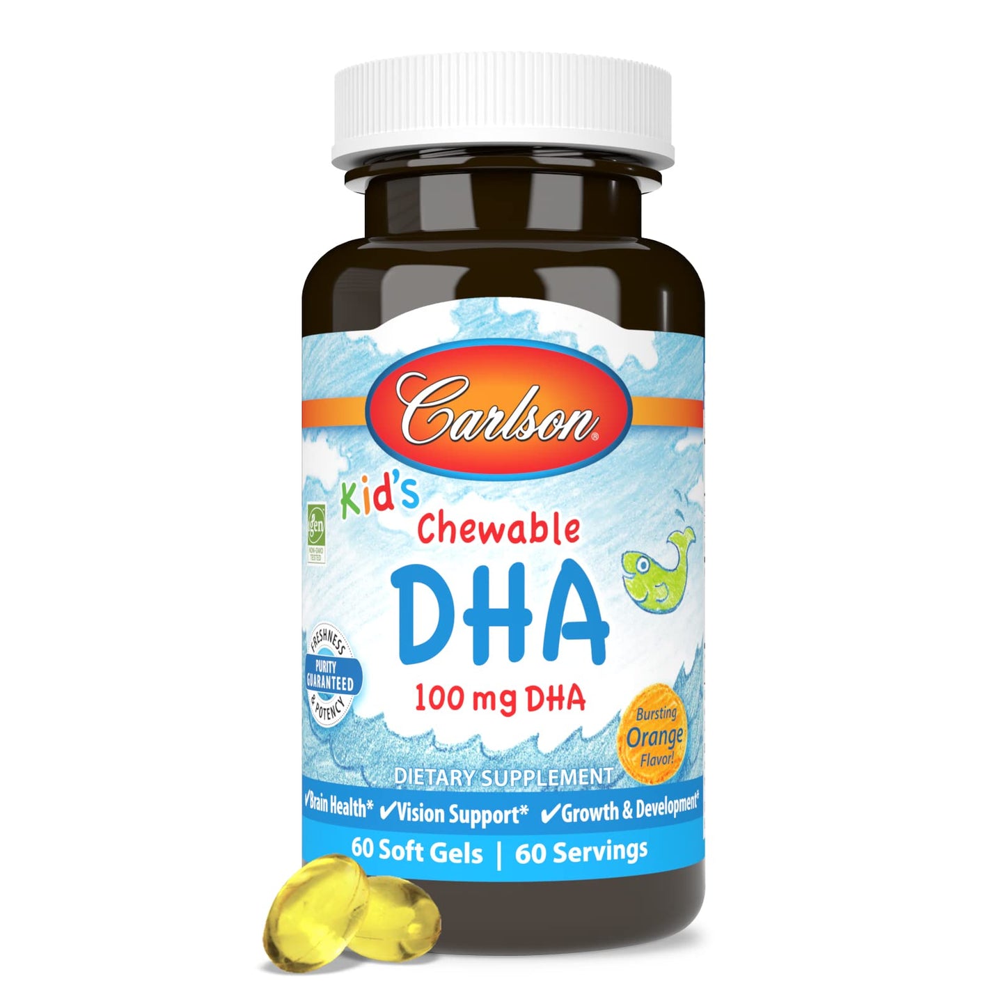 Carlson Kid's Chewable DHA 100 mg – Brain & Vision Support, Orange, 60 Softgels (Pack of 2)