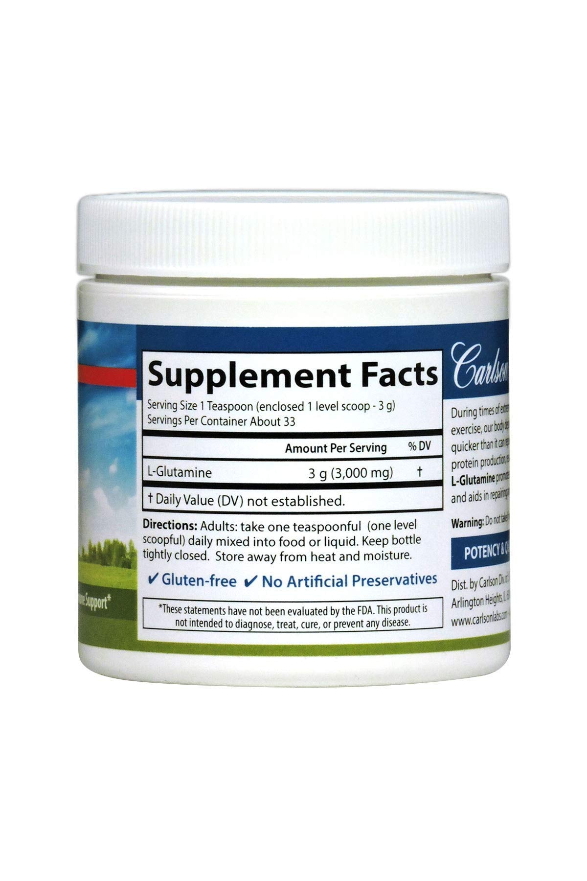 Carlson - L-Glutamine Powder, Free-Form Amino Acid, 3 g, Muscle Tissue Production & Function, Immune Support, 3.53 oz (100 g)