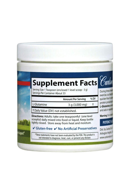 Carlson - L-Glutamine Powder, Free-Form Amino Acid, 3 g, Muscle Tissue Production & Function, Immune Support, 3.53 oz (100 g)