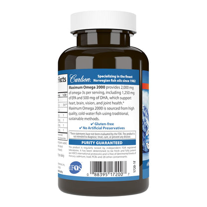 Carlson Maximum Omega 2000 - 2000 mg Omega-3 (EPA/DHA), Wild-Caught Norwegian Lemon Softgels
