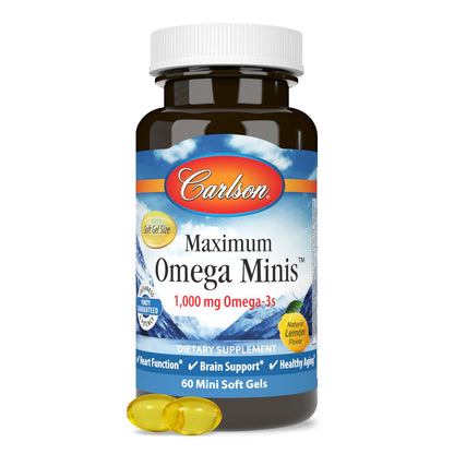 Carlson Maximum Omega Minis 1000 mg Omega-3s – Heart, Brain & Healthy Aging | Lemon, 60 Softgels