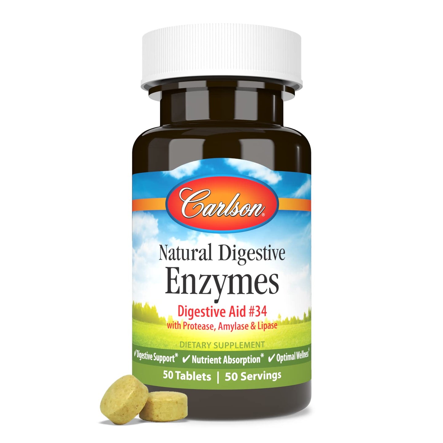 Carlson Natural Digestive Enzymes #34 - Protease, Amylase & Lipase | Digestive Support, 50 Tablets