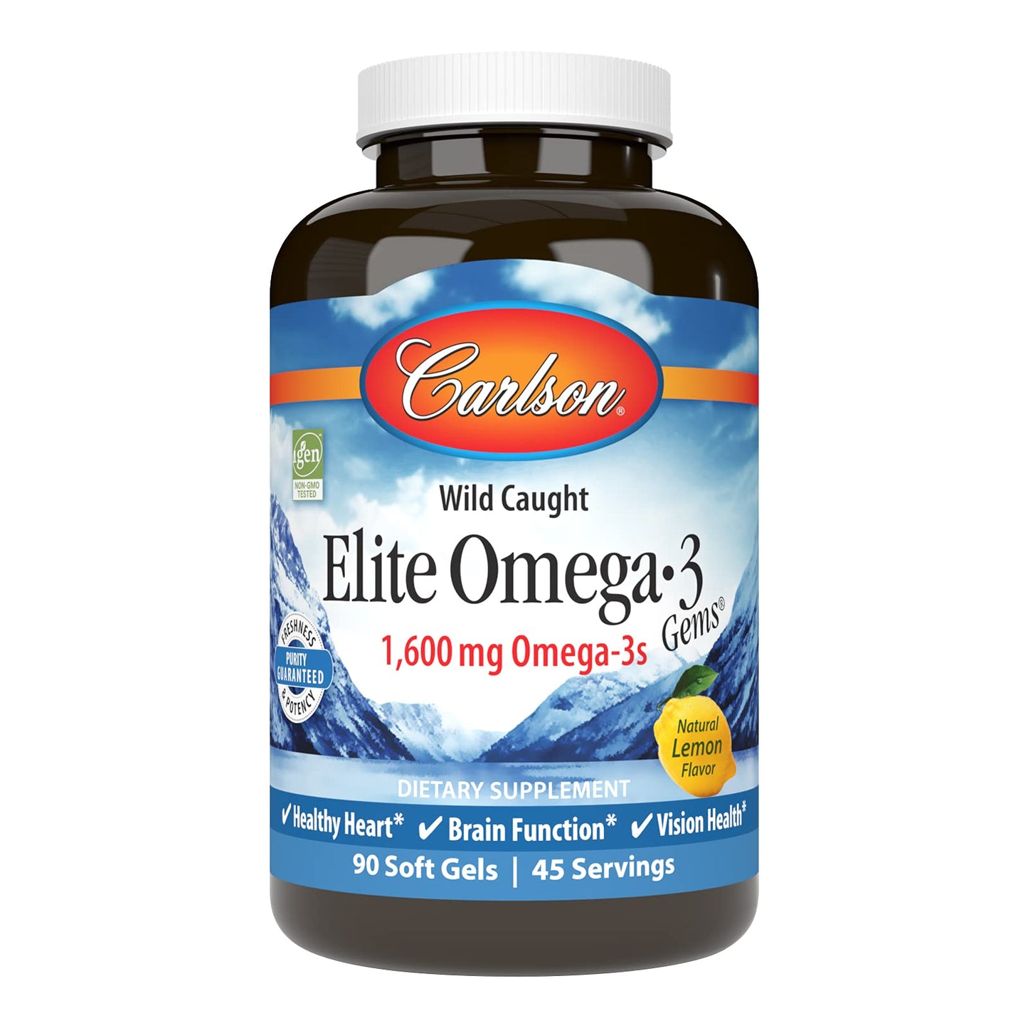Carlson Elite Omega-3 Gems – 1600 mg EPA & DHA, Wild-Caught Norwegian Fish Oil, Lemon Flavor, 90 Softgels