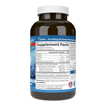 Carlson Super Omega-3 Gems – 180 Soft Gels, 1200 mg Omega-3s, Wild-CCaught Norwegian Fish Oil