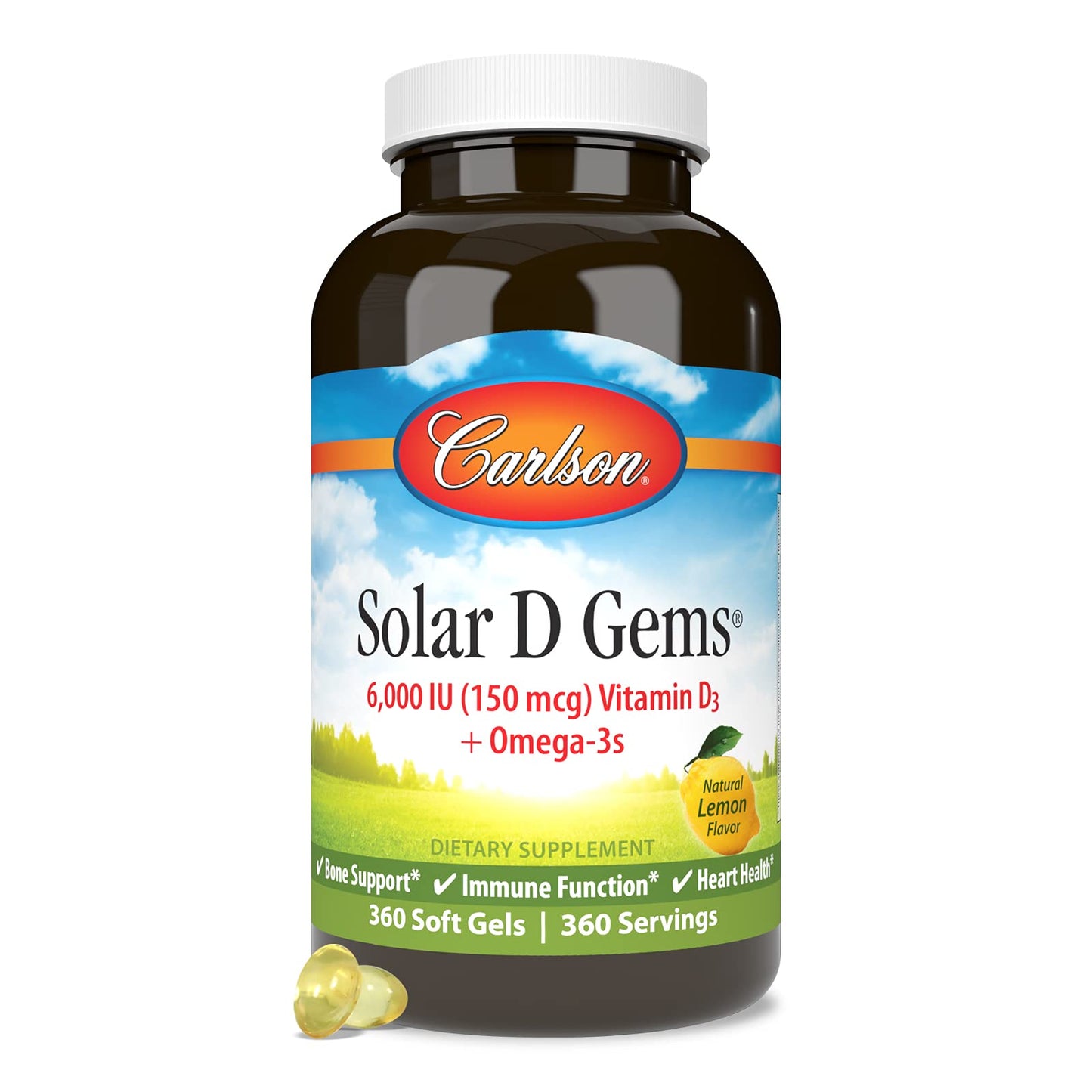 Carlson Solar D Gems: Vitamin D3 6000 IU + Omega-3 (EPA/DHA), Lemon, 360 Softgels