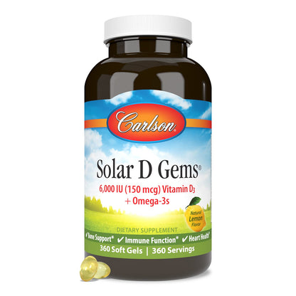 Carlson Solar D Gems: Vitamin D3 6000 IU + Omega-3 (EPA/DHA), Lemon, 360 Softgels