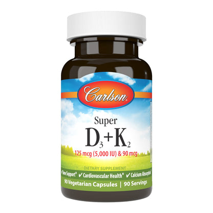 Carlson Super D3 + K2: Vitamin D3 5000 IU & K2 MK-7, 90 Veg Capsules
