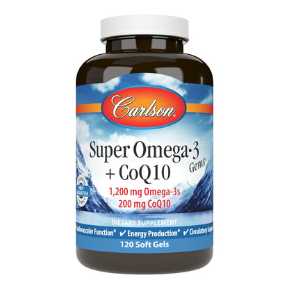 Carlson Super Omega-3 Gems + CoQ10 - 1200 mg Omega-3s, 200 mg CoQ10 | 120 Softgels