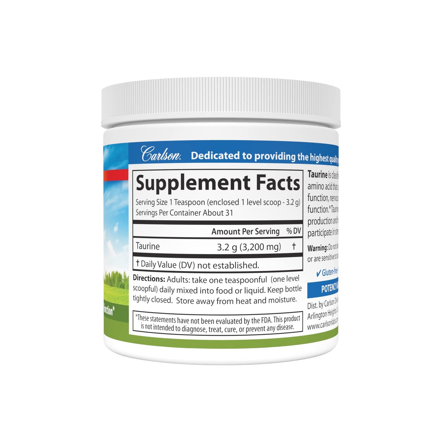 Carlson Taurine Powder – Free-Form Amino Acid for Nerve & Muscle Support | 100 g