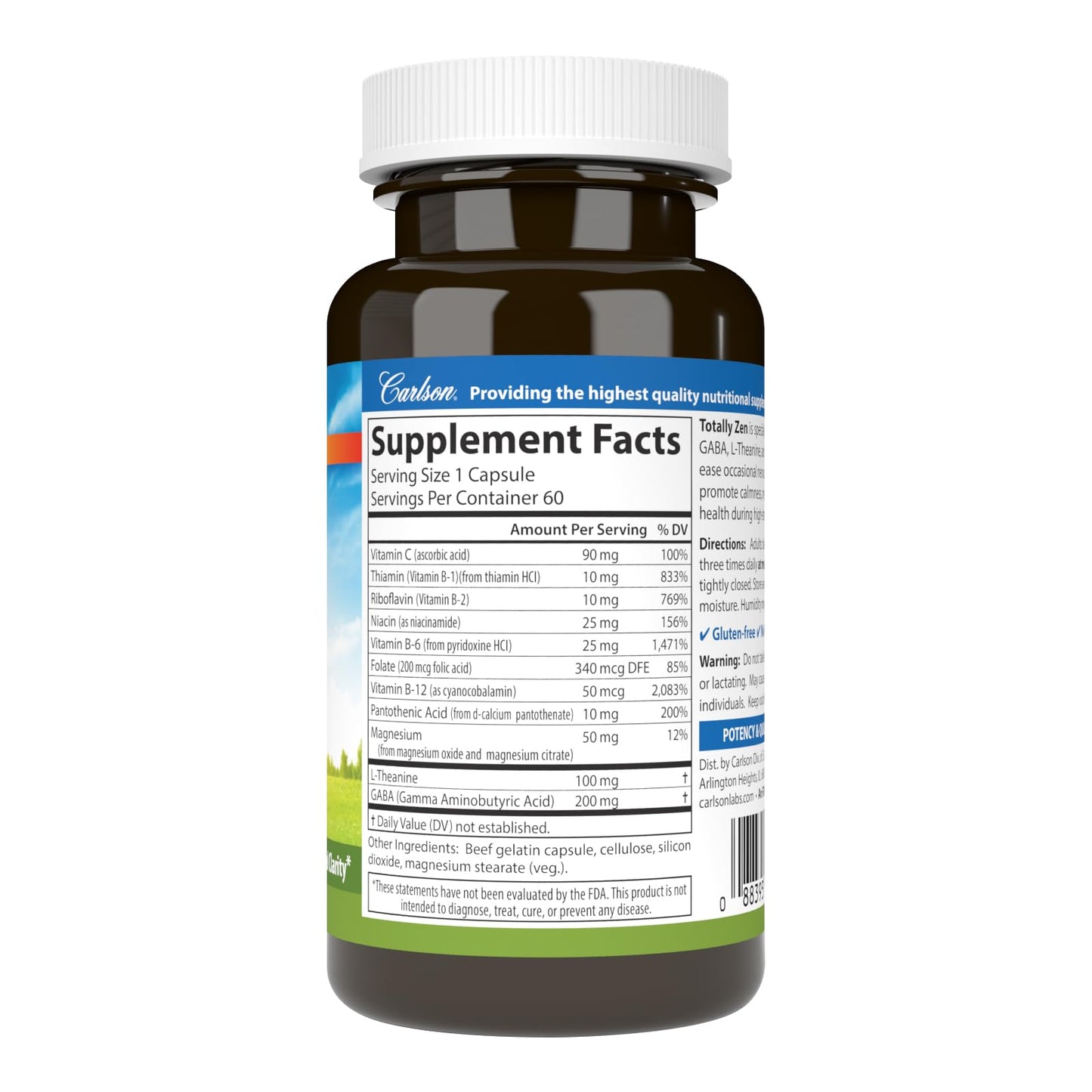 Carlson Totally Zen – GABA, L-Theanine & B Vitamins | Calm Mood & Mental Clarity | 60 Capsules