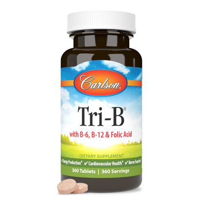 Carlson Tri-B B-Complex 360 Tablets | Vitamin B6, B12, Folic Acid