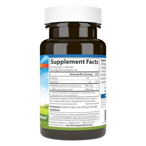 Carlson Vegetarian DHA – Plant-Based Algae-Sourced DHA (570 mg) | 30 Softgels
