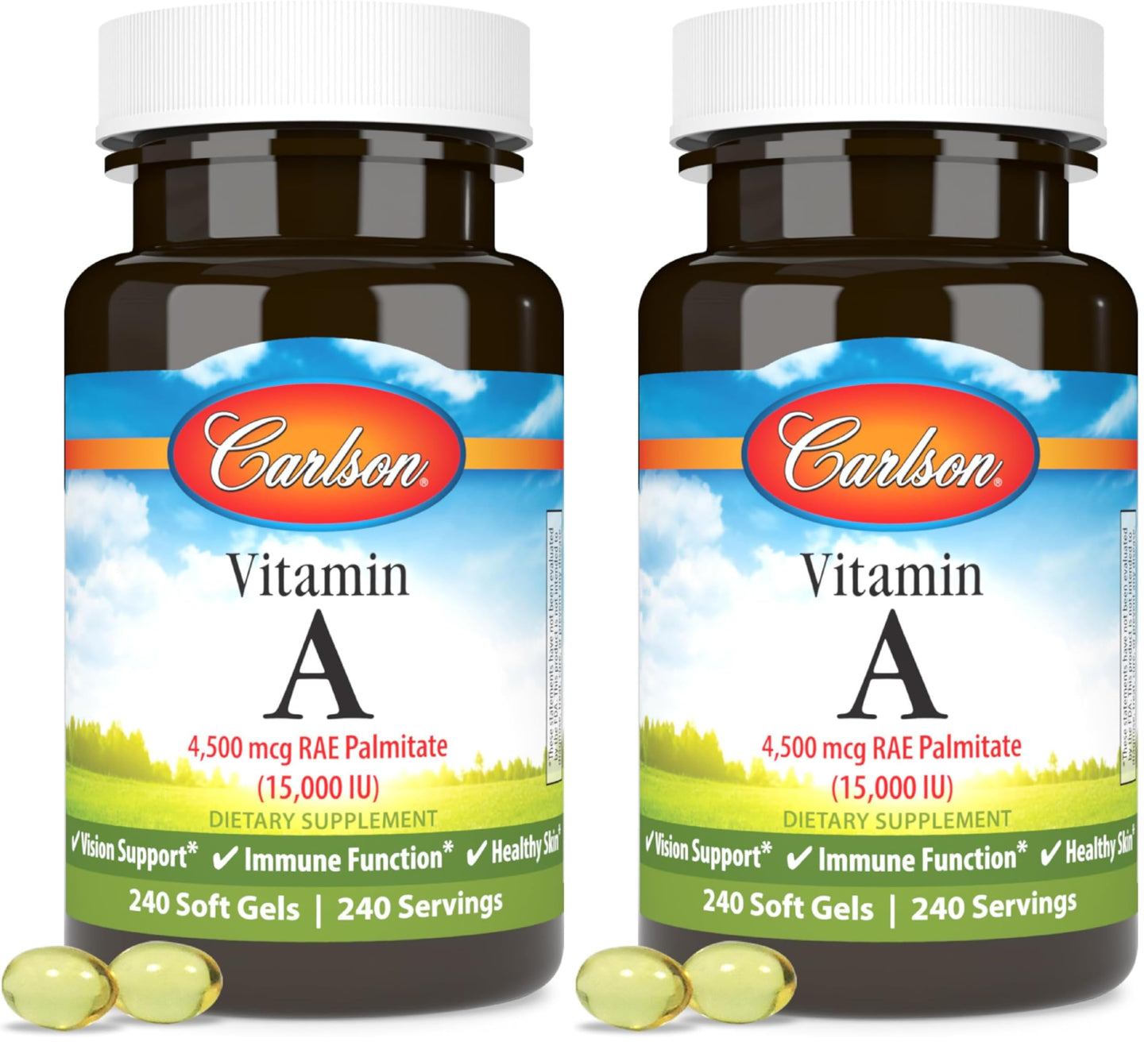Carlson Vitamin A Palmitate 15000 IU (4500 mcg RAE) - Vision Health, Skin & Immune Support | 240 Softgels (Pack of 2)