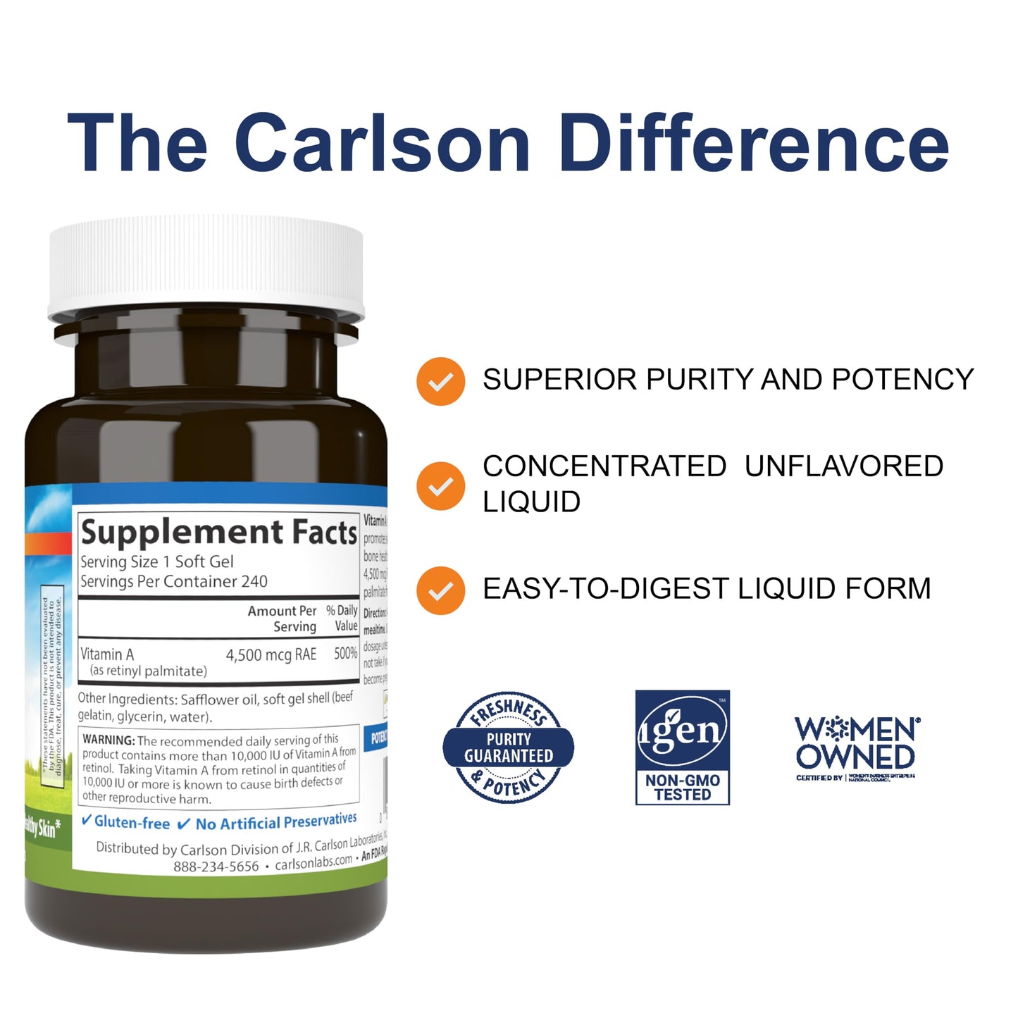 Carlson Vitamin A Palmitate 15000 IU (4500 mcg RAE) - Vision Health, Skin & Immune Support | 240 Softgels (Pack of 2)