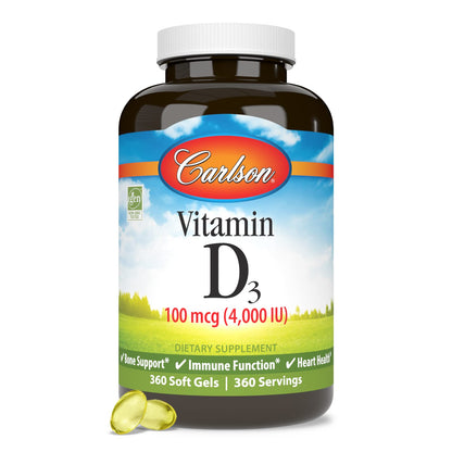 Carlson Vitamin D3 4000 IU Soft Gels – Immune & Bone Health (360 Softgels)